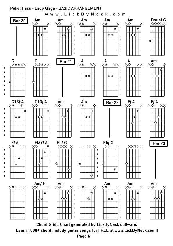 Chord Grids Chart of chord melody fingerstyle guitar song-Poker Face - Lady Gaga - BASIC ARRANGEMENT,generated by LickByNeck software.